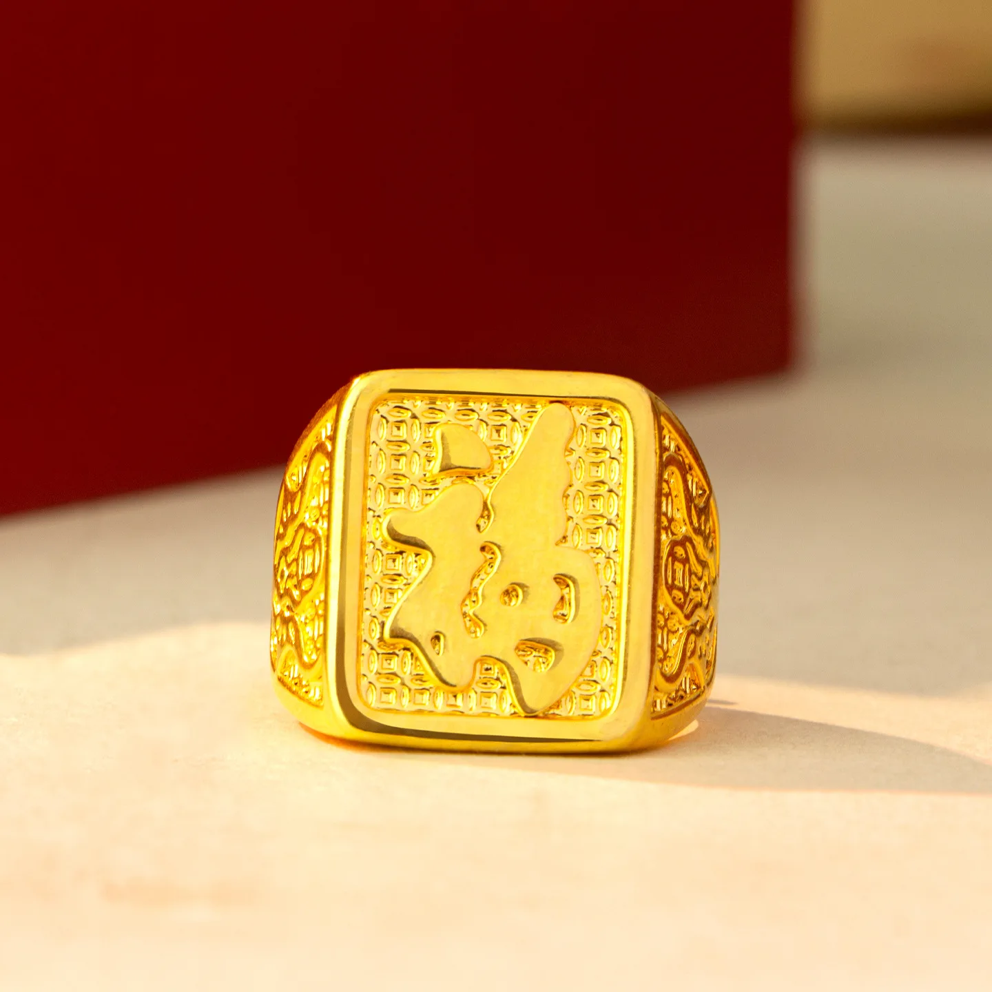 Luxury 24K 9999 Pure Gold real gold Fu character ring men's fashion opening ring