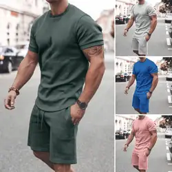 Men T-shirt Shorts Set Simple Pockets Two-piece Knee Length Pants Summer Tracksuit Summer T-shirt Shorts Set Young Style