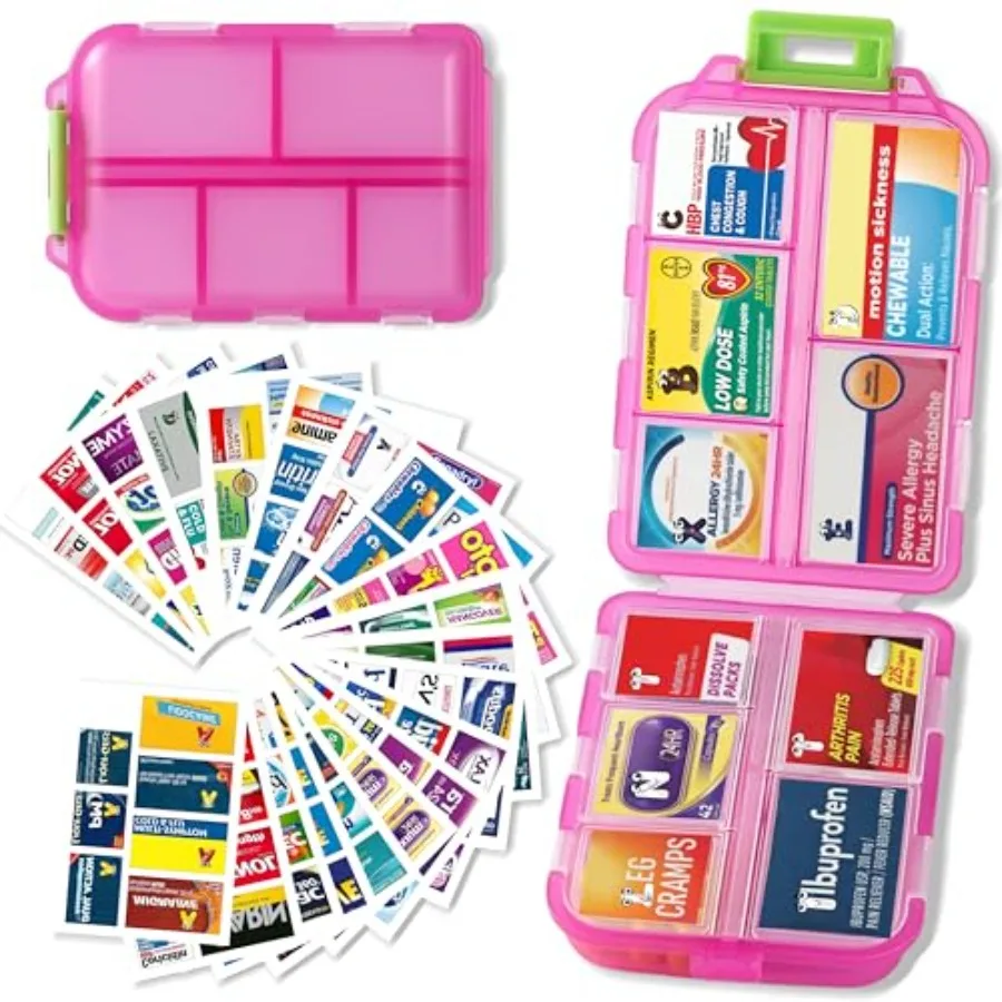 Pill Organizer with 161 Medicine Labels, Daily Travel Pill Case Compact 10-compartment pill case and pill box with 161 medicine