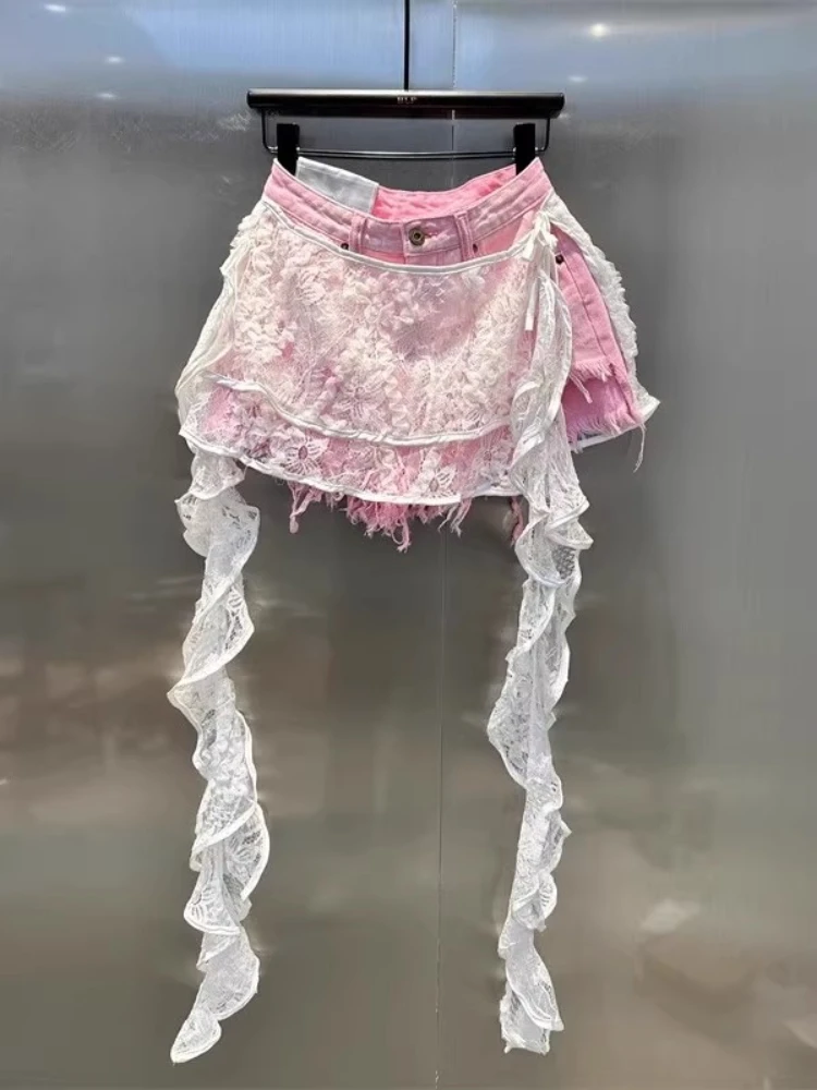 

Летние американские милые джинсовые брюки с кружевной строчкой, новый дизайн, тонкие женские брюки в стиле ретро, уличный горячий шикарный винтажный наряд