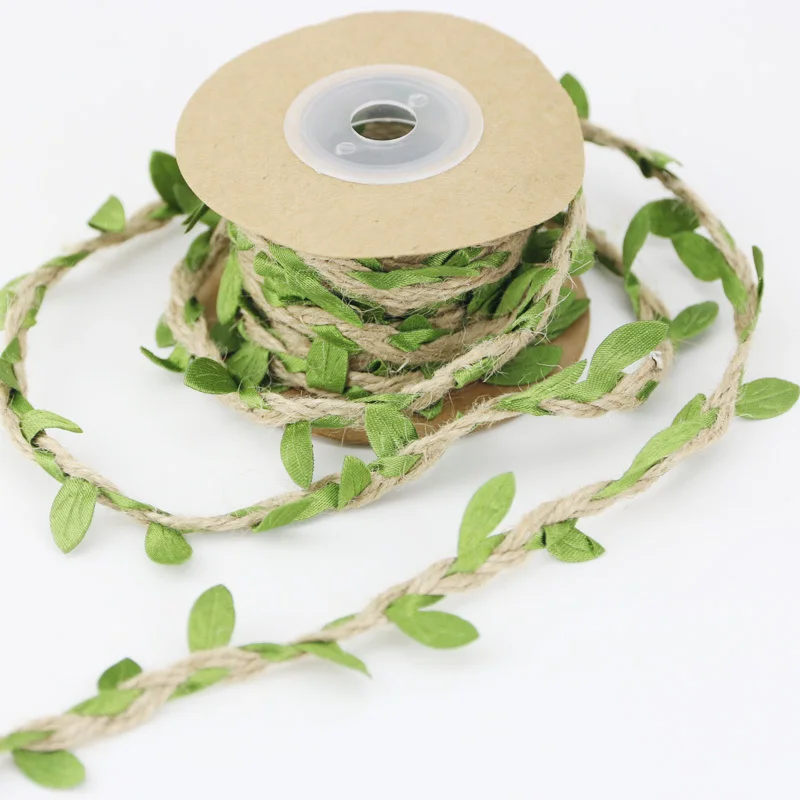 

(5 meters/lot) 5mm Leaf hemp rope braided with green leaves lace home decoration rope handmade garland ribbon