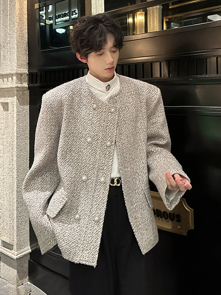 

Мужской утепленный шерстяной пиджак с подплечниками, осенне-зимнее корейское модное пальто без воротника, двубортное