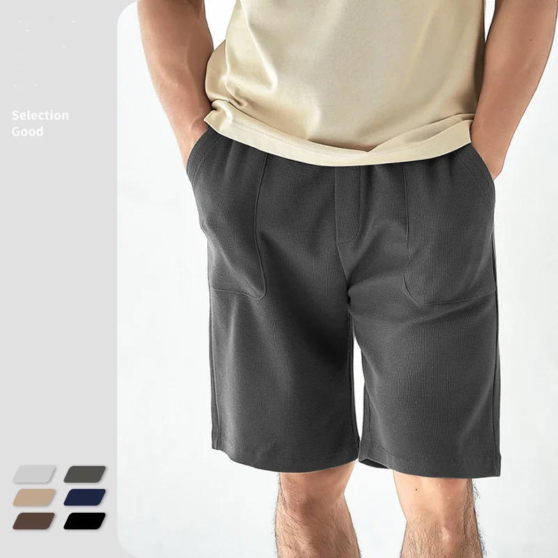 

New Waffle Men's Shorts Light Luxury High quality Comfortable Men's Casual Shorts Solid Color Pocket Drawstring Loose Men's Pant