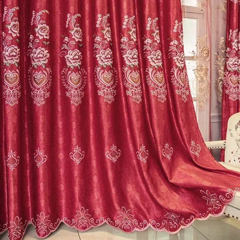 

European-style Embroidered Curtain Luxury for Living Room Bedroom Fabric Thickened Blackout Festive Red Classical Soft Drapes
