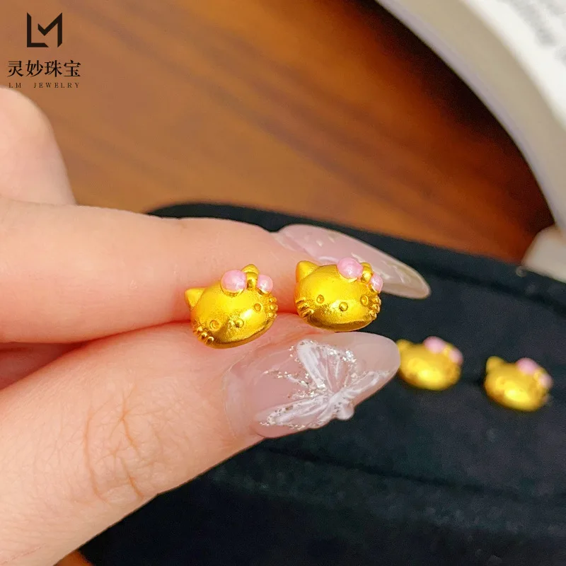 

Роскошные ювелирные изделия из настоящего золота 9999 24 карата с бантом, серьги-гвоздики с котом Katie, серьги-гвоздики с котом, милый сладкий подарок для подруги