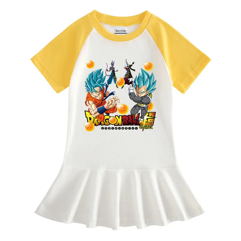 Dragon Ball New Korean Version of Children's Clothing Cartoon Half-sleeved Girl Dress Hit Color Female Baby Foreign Stylepleated