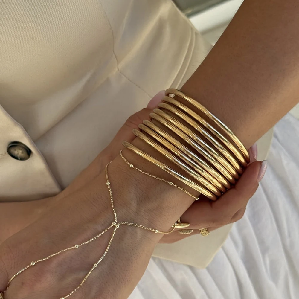 

8pcs/set Minimalist Trendy Smooth Bangle For Women Fashion Gold Color Plated Metal Bracelet Accessories