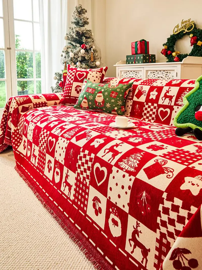 Weihnachtlicher Einteiliger Sofabezug Handtuch Chenille Rotes Karomuster Universelle Sofabezüge Festliche Komplette Decke Sofabezug-Stoff – Detail 6