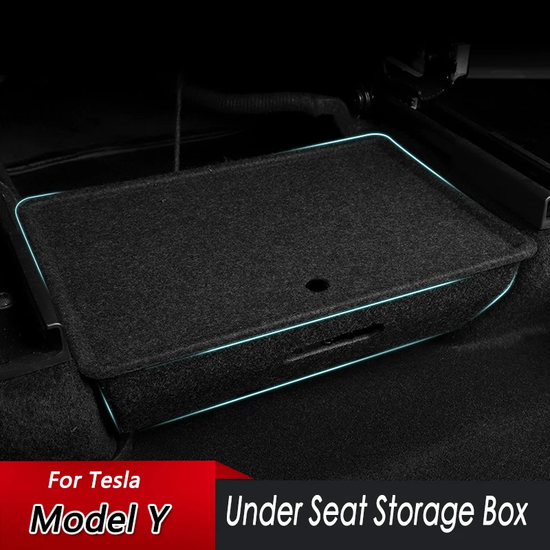 

For Tesla Model Y 2020-2022 Under Seat Storage Box Accessories Black Felt Cloth Car Seat Hidden Box