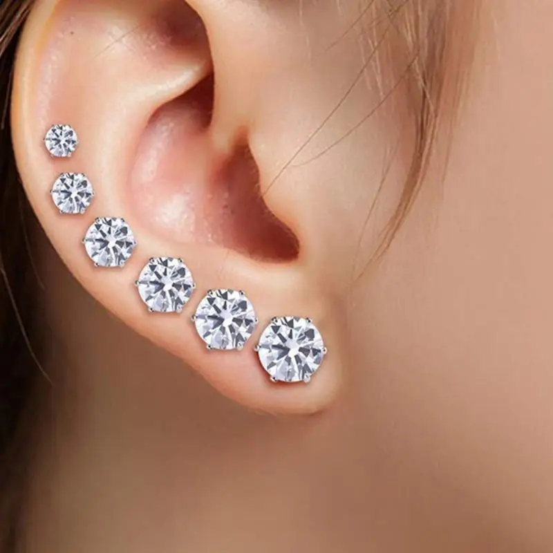 Zircon Stud Earrings Cool Fashion 3-8mm Round CZ Crystal Ear Studs for Men Women Street Hip Hop Wear Jewelry