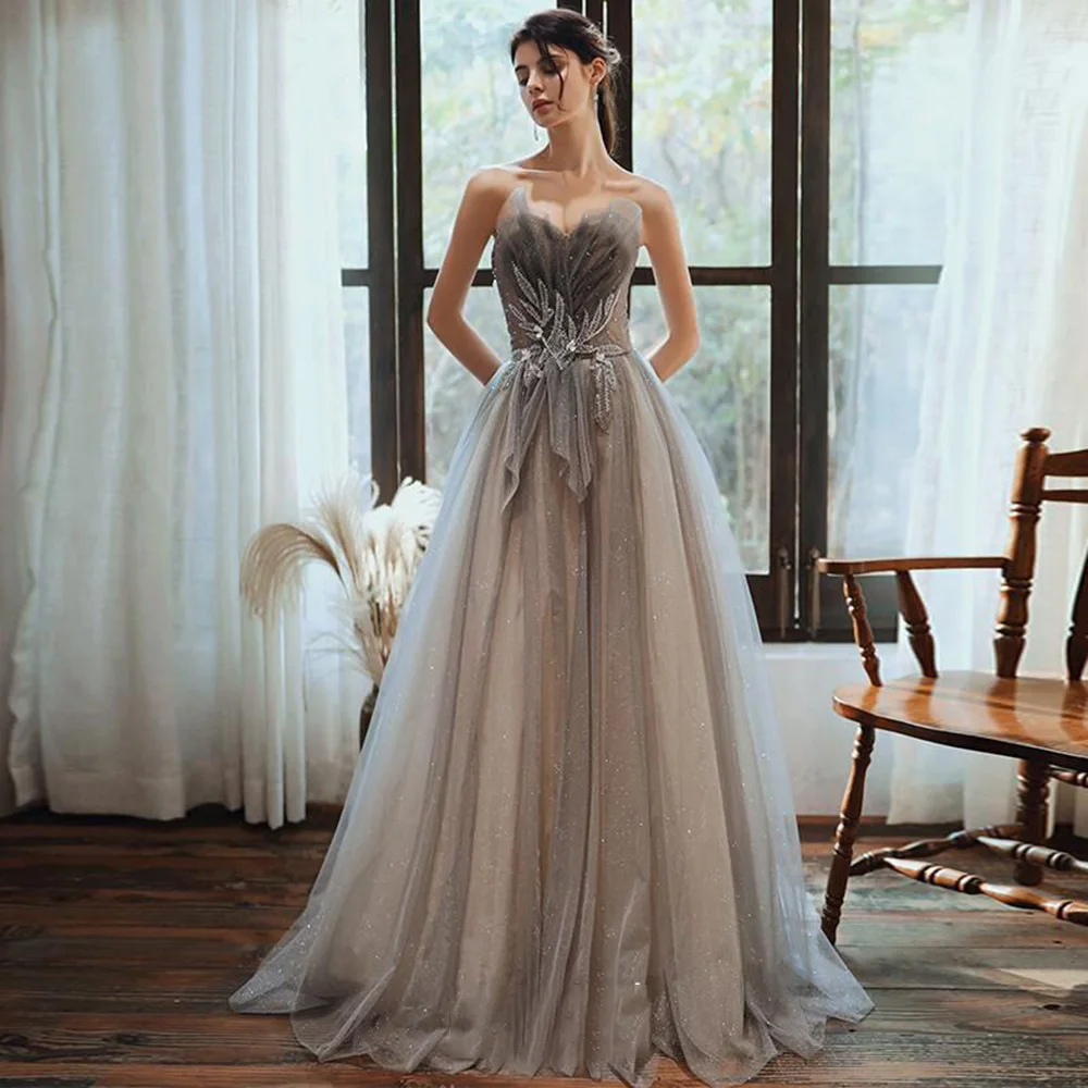 

Exquisite Sequined Prom Dress Appliques Strapless Floor-Length Evening Gowns Simple A-Line Beads Lace Up Backless Party