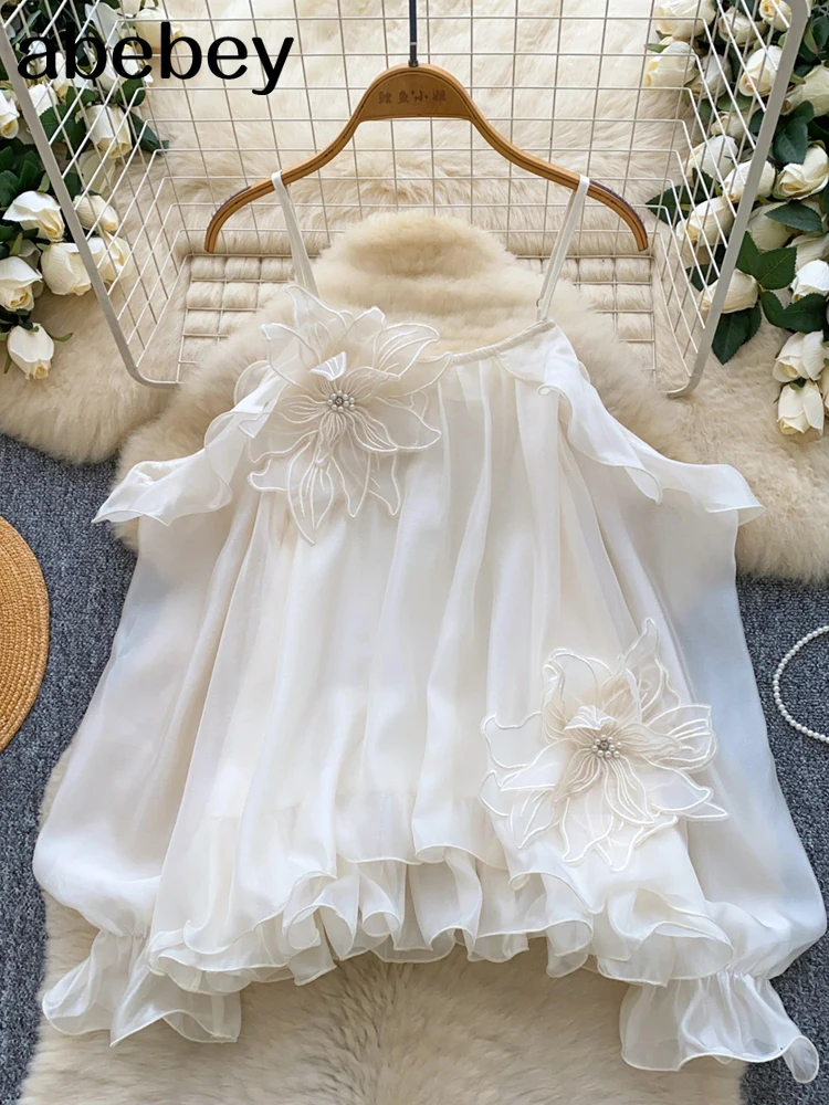 

2026 New Satin Blend Chiffon One oulder irt Women's Faion Beautiful Ne Hanging Top Korean Sle Bubble Sve Loose Fit