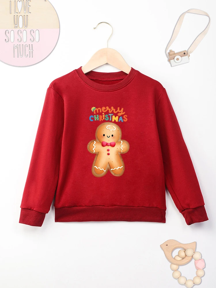 Merry Christmas Cute Gingerbread Print Hoodie Cartoon Pretty Xmas Gift Boy Girl Clothes Red Fashion Kids Sweatshirt 2-14 Years