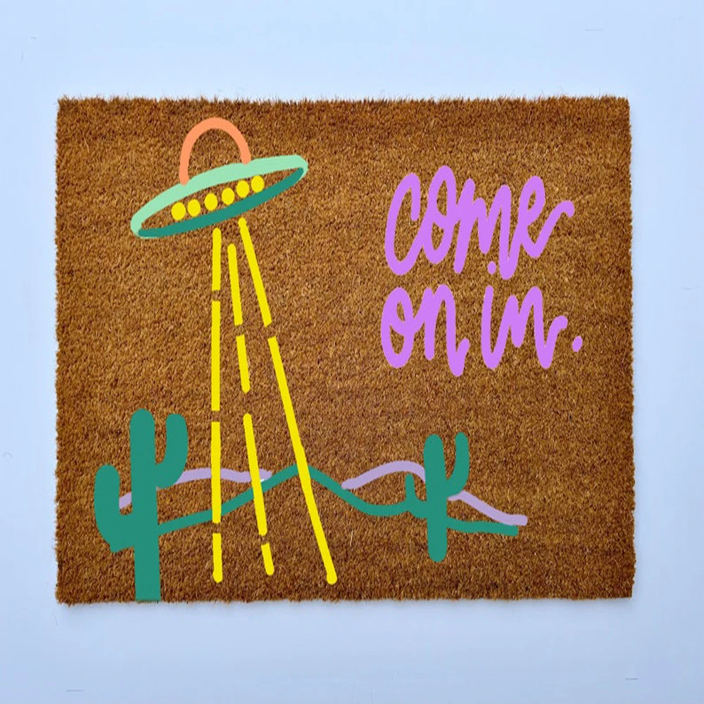 Funny UFO Alien Abduction Doormat Colorful Boho Y2K Welcome Coir Mat Sci Fi Eclectic Front Porch Decor Gift For Alien Lover