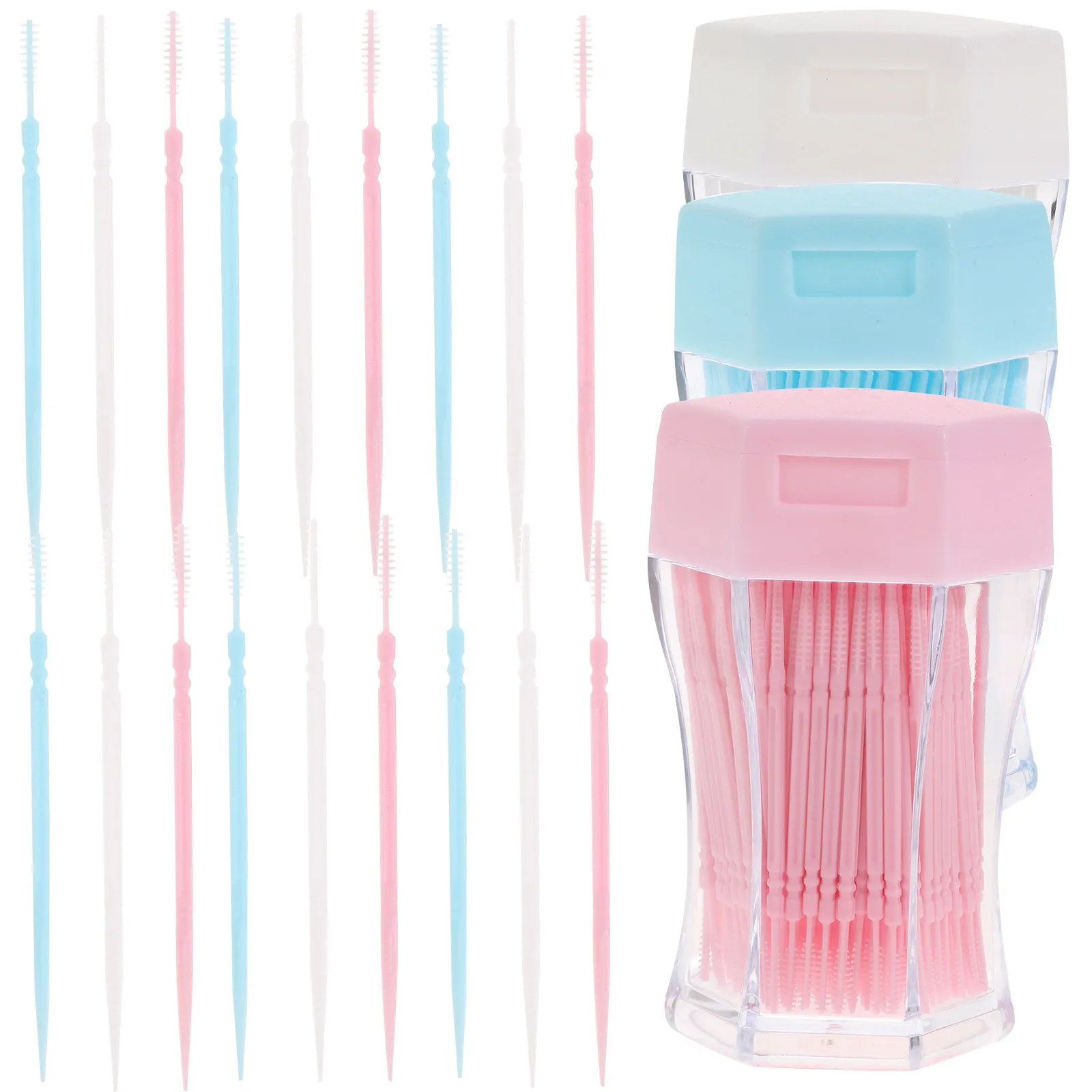 600Pcs Double-End Reusable Interdental Brushes for Teeth Cleaning Tartar Removal Health Oral Care Tool White Blue Pink