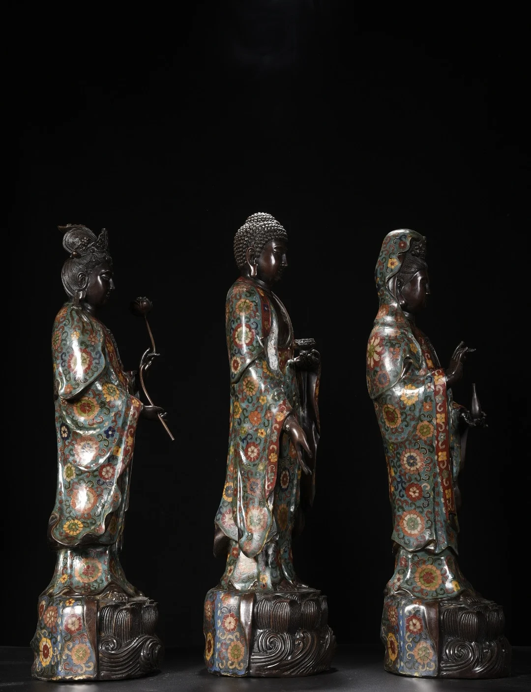 

25"Tibetan Temple Collection Old Bronze Cloisonn Enamel Three Sages Shakyamuni Guanyin Station Buddha Lotus Terrace Worship Hall
