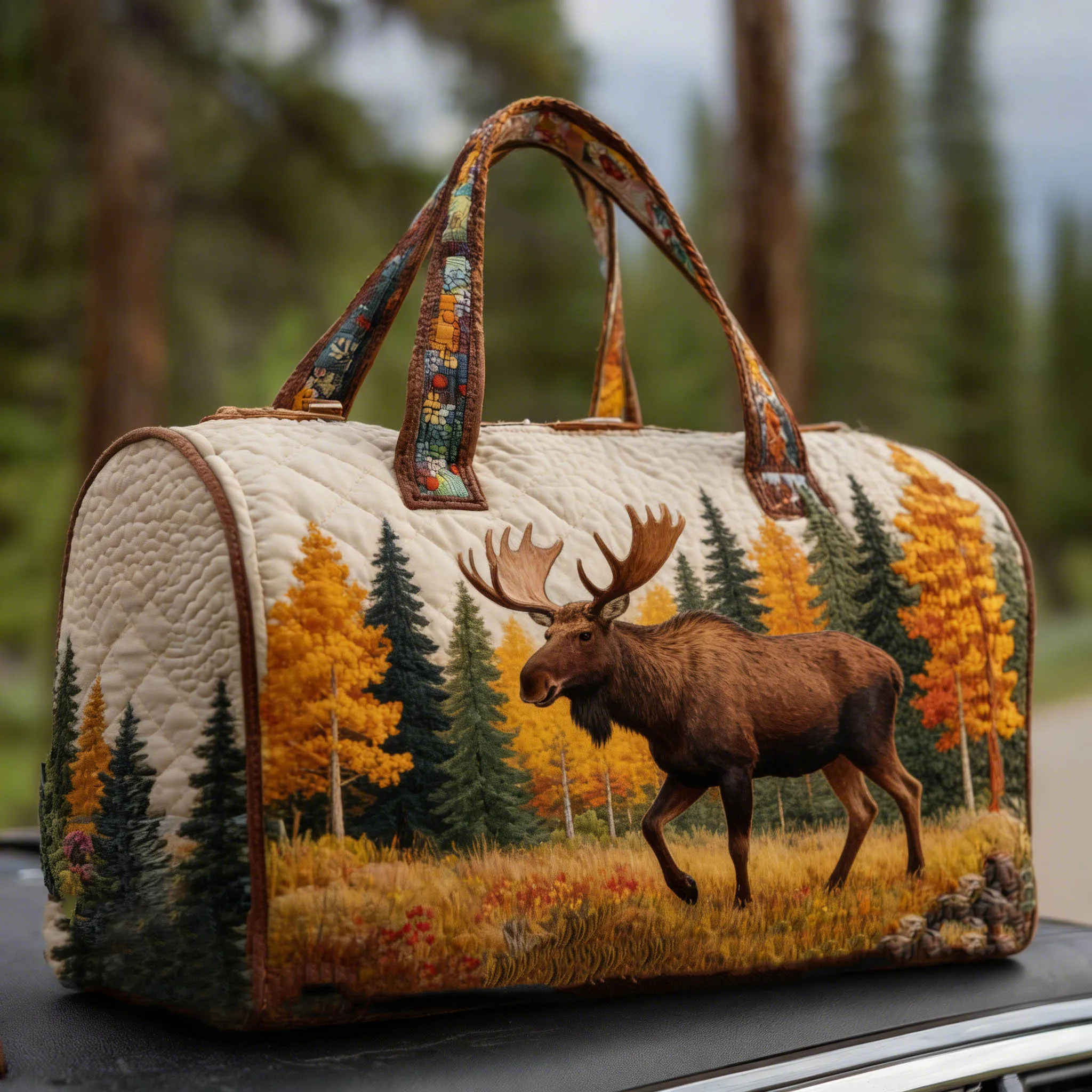 

Vintage Autumn Forest Moose Quilted Duffle Bag Unisex Large Capacity Camping Travel Bag Outdoor Weekend Overnight Luggage