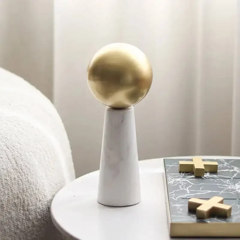Golden Ball Marble Statue Geometric Cone Metal Spherical Ornaments Natural Marble Metal Figurine Home Decoration Accessories