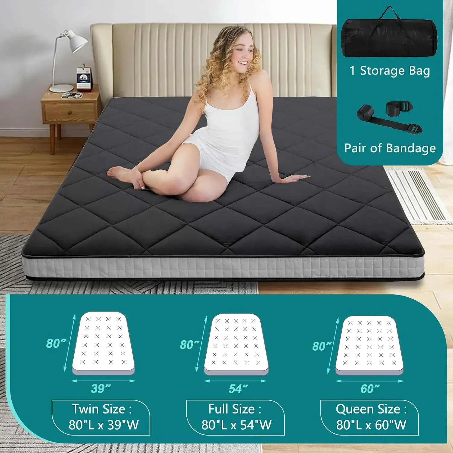 Japanese Floor Futon Mattress, Thicken Roll up Sleeping Tatami Mat Floor Bed, Foldable & Portable Camping Mattress