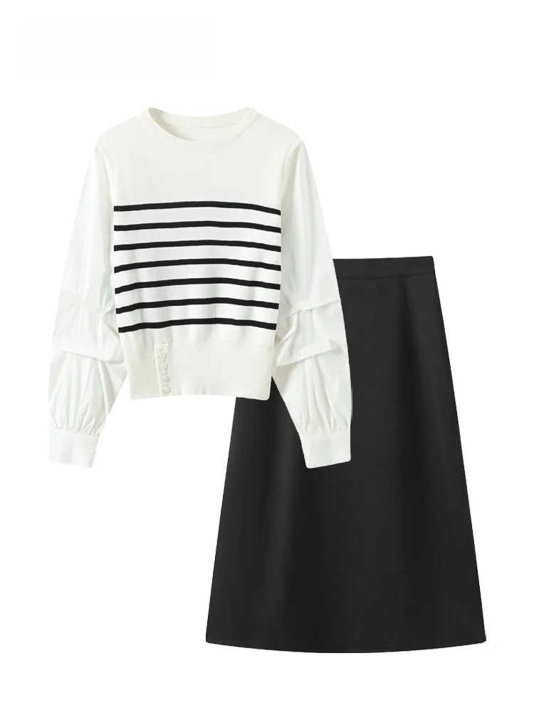 

plus Size Women's Striped irt Long Sve Autumn Winter Faion Set Big Sister Ultra ular Clothing Polyester Fiber round...