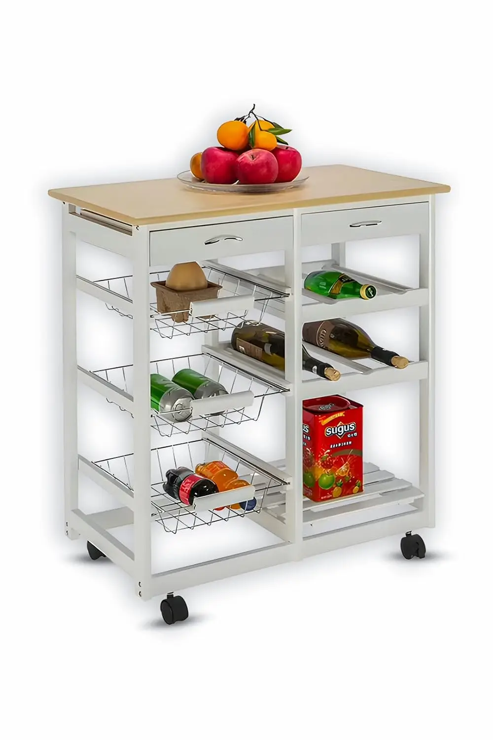 Kitchen Island Cart with Drawers & Lockable Wheels, Rolling Trolley with Open Shelf Storage for Dining Room, White, Customized