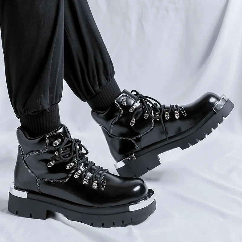 men fashion platform boots black stylish original leather shoes punk hip hop dress cowboy ankle boot brand designer short botas