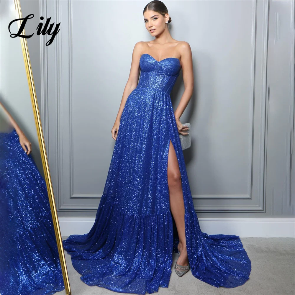 Gaun Prom biru laut Lily gaun Formal payet Glitter gaun malam Sweetheart A Line dengan belahan tinggi vestidos de noche