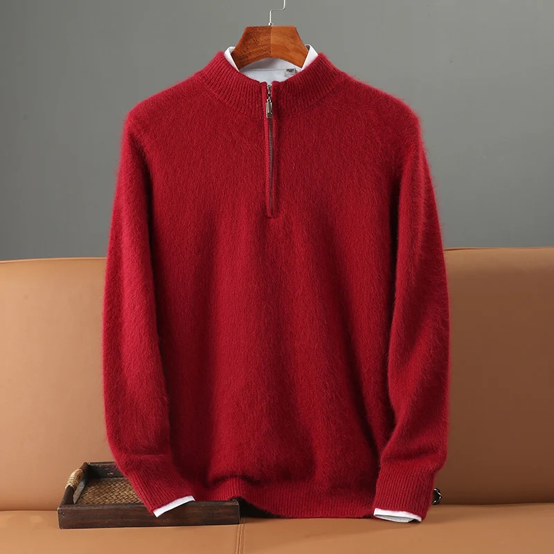 Otoño Invierno grueso 100% suéter de cachemira de visón para hombres cuello semialto cremallera Jersey de punto Casual negocios cálido ropa para hombres Tops