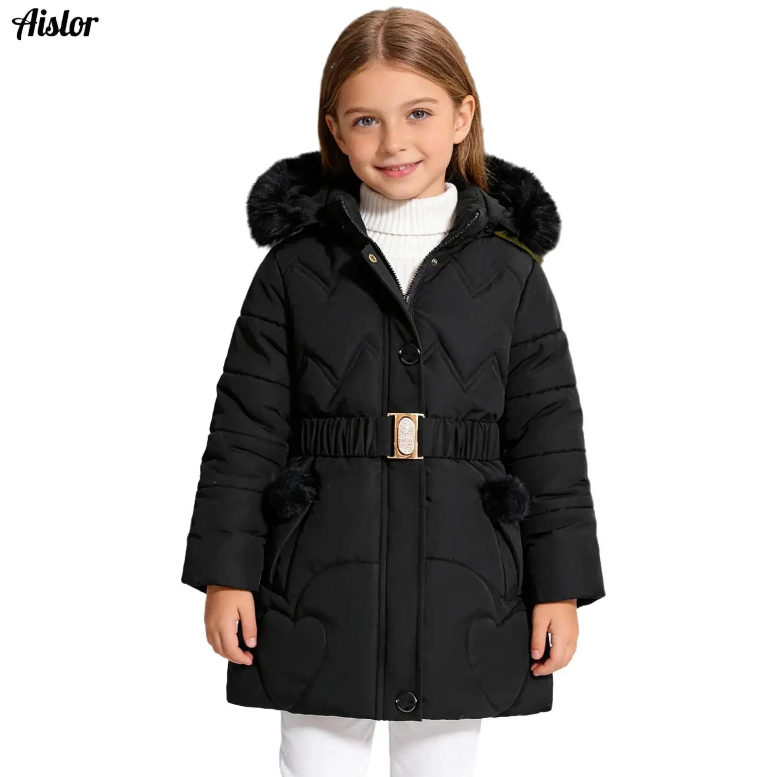 

Kids Girls Warm Fleece-Lined Padded Coat Winter Casual Clothing Stand Collar Long Sleeve Hooded Jacket Outerwear with Belt