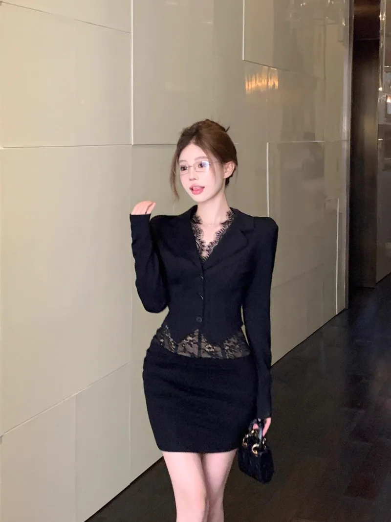 

Sweet Hot Girl Casual Suit Women's Summer Lace Patchwork V-neck Jacket Wrap Hip Mini Skirt Two-piece Set Fashion Female Clothes