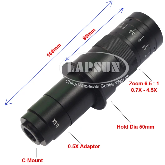 Lapsun Long Work Distance 5X-180X Zoom 25mm C-mount Lens + 0.75X 0.5X Barlow Aux For Industry Soldering Microscope Camera 10A