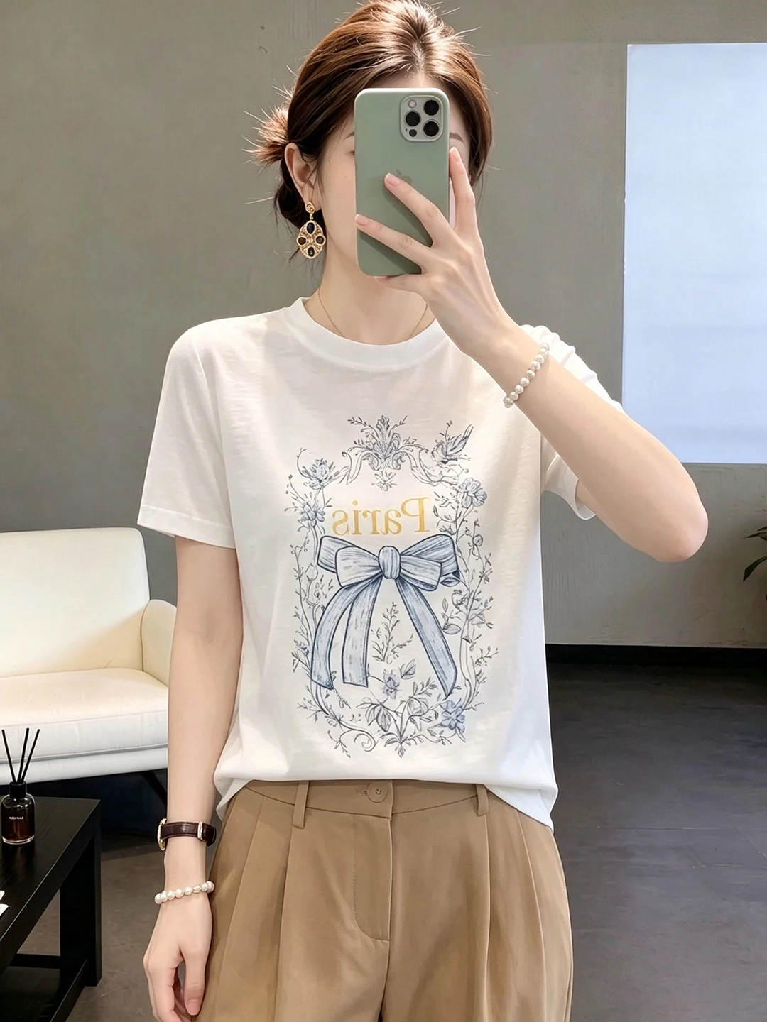 Chic  Knot Print round Neck Short Sleeve T-Shirt Women Summer plus Size Hide Belly Slimming Top Korean Style Casual ...