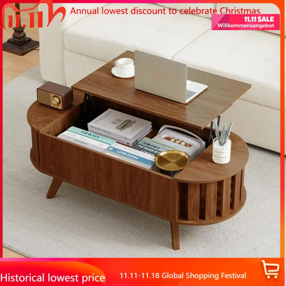 

Wood Lift Top Coffee Table with Hidden Storage, 47.24" Oval Lift Table Top Curved Profile Design Low Tea Table for Living Room,