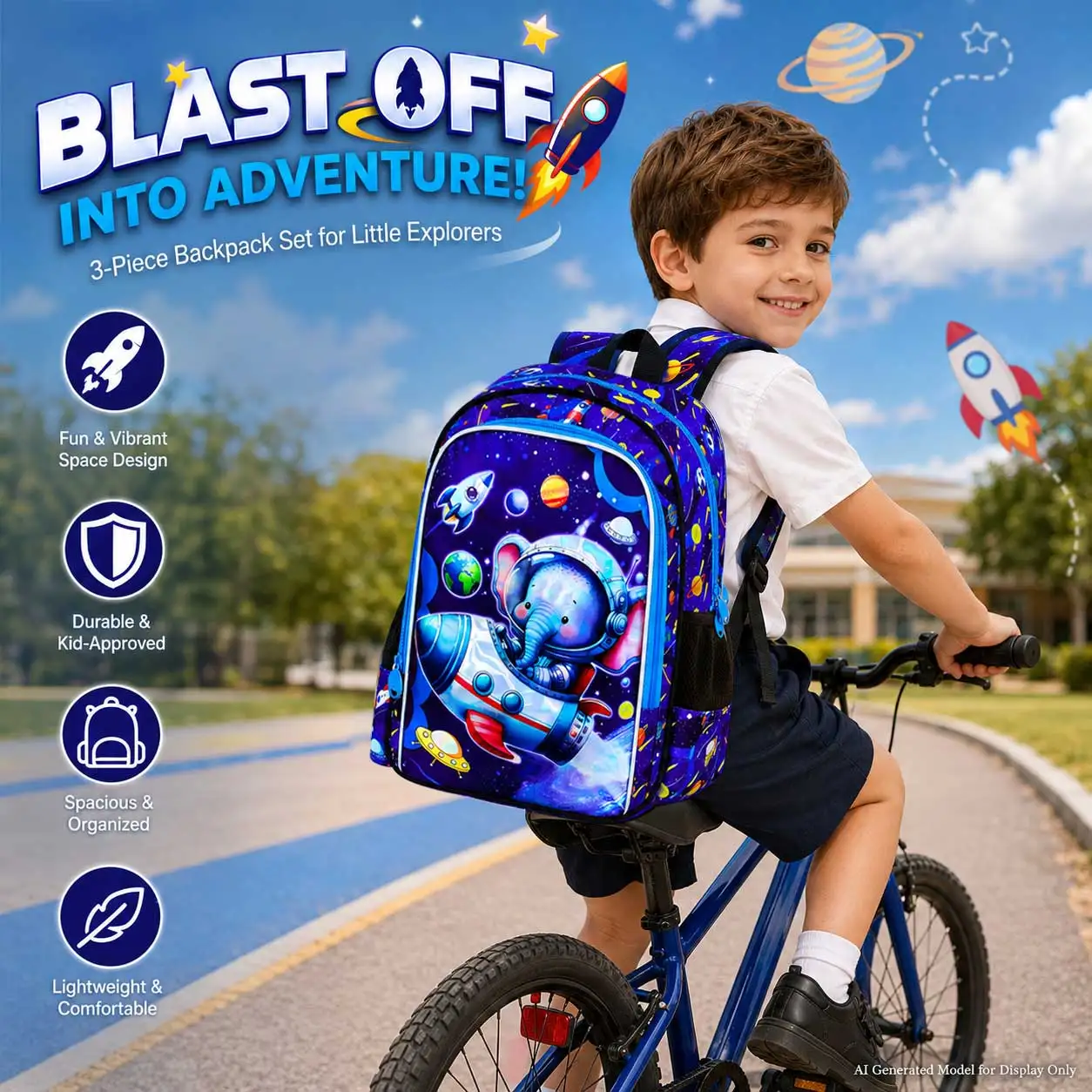 3Pcs 16 Inch UV‑Print Space Elephant Backpack Set Cute Cartoon School Travel Bag For Girls Boys