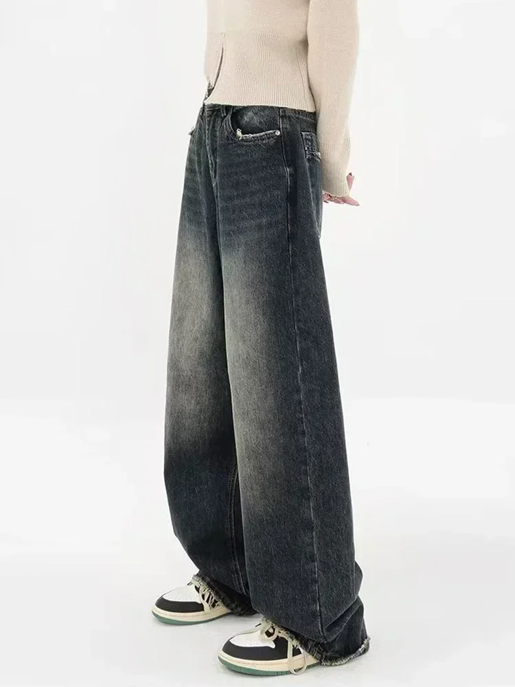 American High Waist Straight Jeans Bein Taille Lose Weites Bein Damen Y2K Washed Grind Hair Distressed Vielseitige Freizeithose