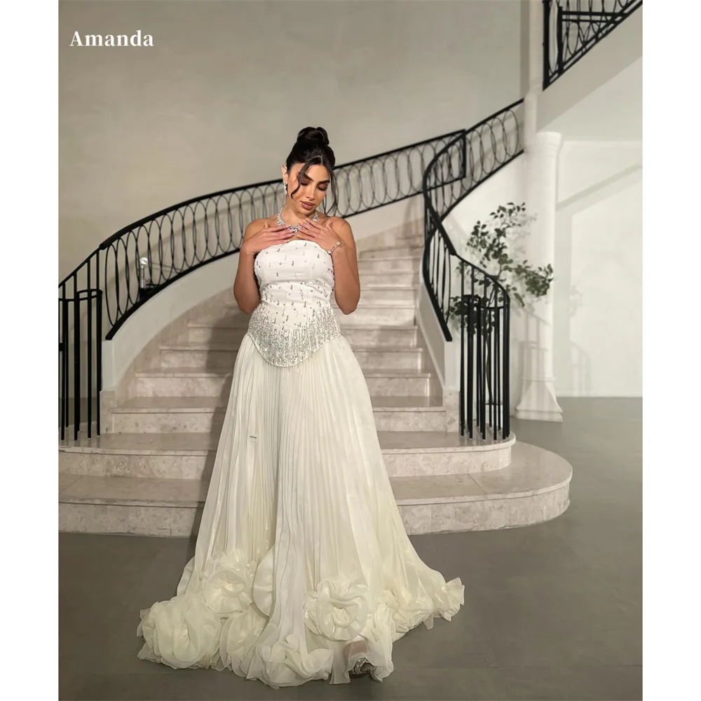 Amanda Chiffon A-Line Strapless robes de soirée Floral Multilayer Floor-Length Evening Dresses Wedding Party Wedding Dress