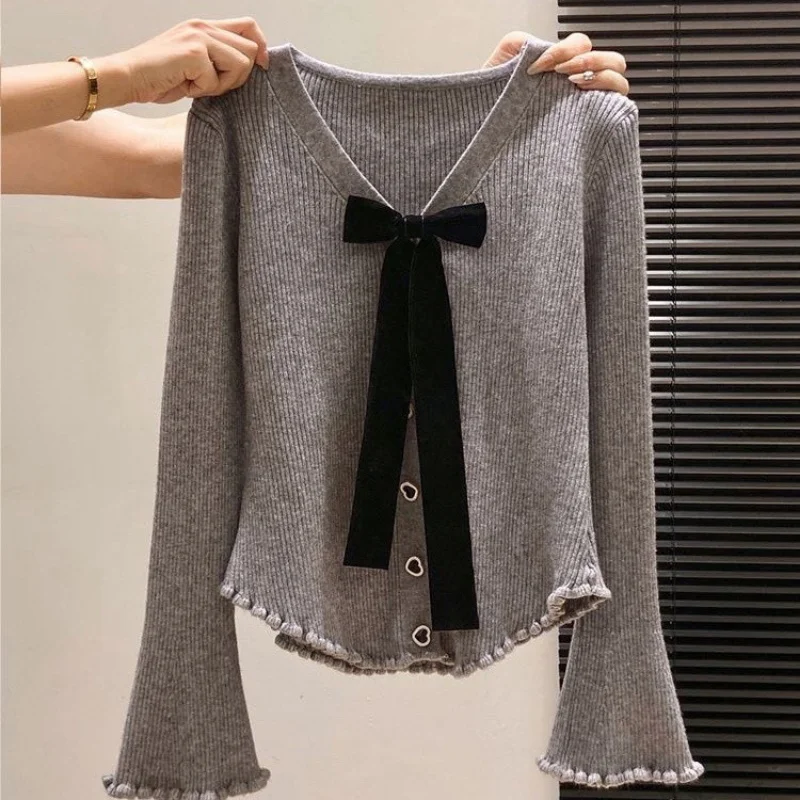 Grey V Neck Knit Sweater Long Sleeve Top With Black Velvet Bow Tie And Ruffled Hem Slim Fit Pullover For Women Spring Autumn