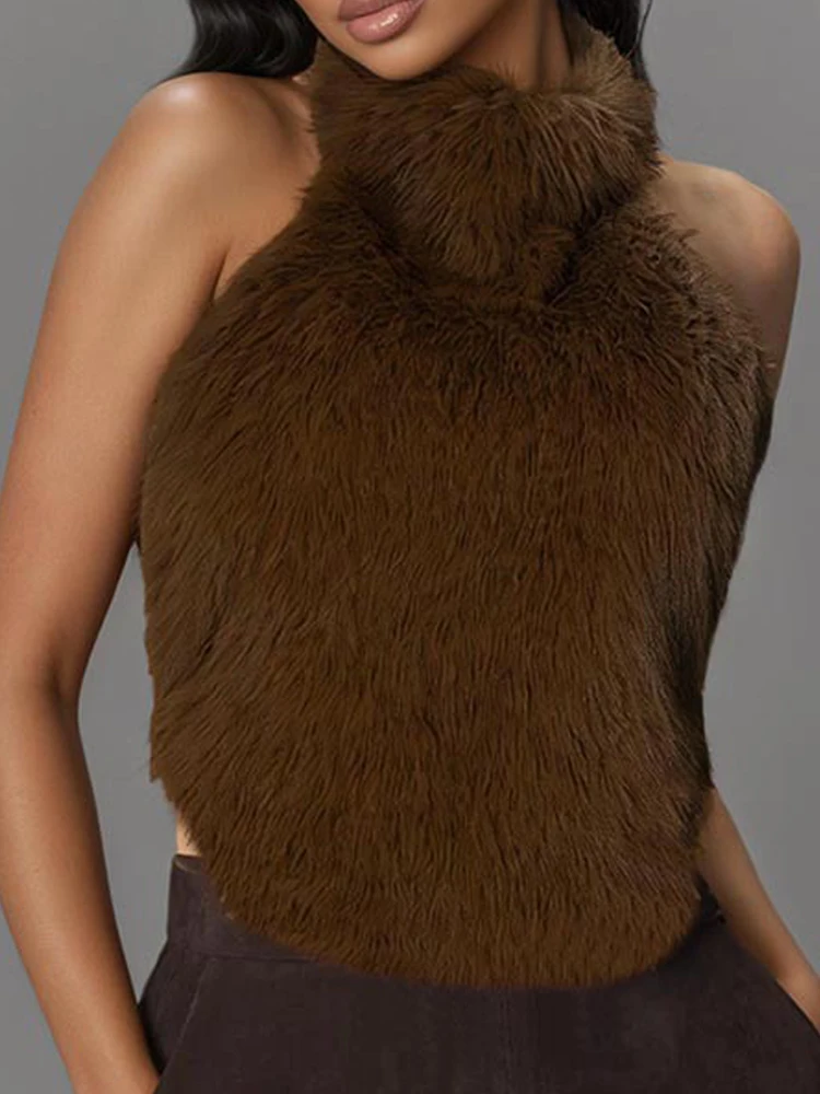 Sexy Backless Turtleneck Women Faux Fur Vests 2026 Autumn Winter Fashion Thin Sleeveless Halter Furry Cropped Tops Female