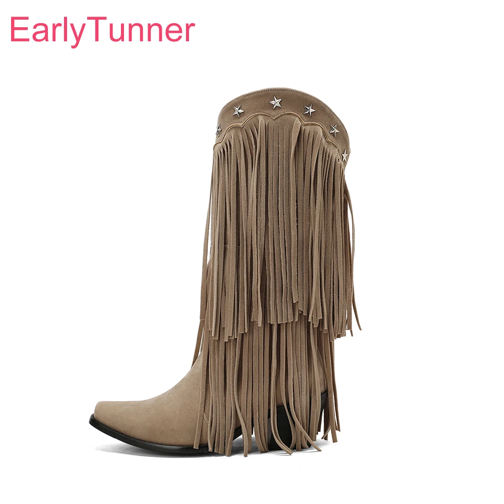 

2025 Winter New Comfortable Black Beige Women Knee High Boots Sexy Square High Heels Lady Shoes Plus Small Big Size 32 43 46 48