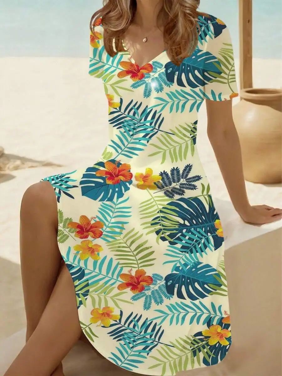 

Women V Neck Short Sleeve Tropical Leaf And Flower Print Dress Cream Casual Beach