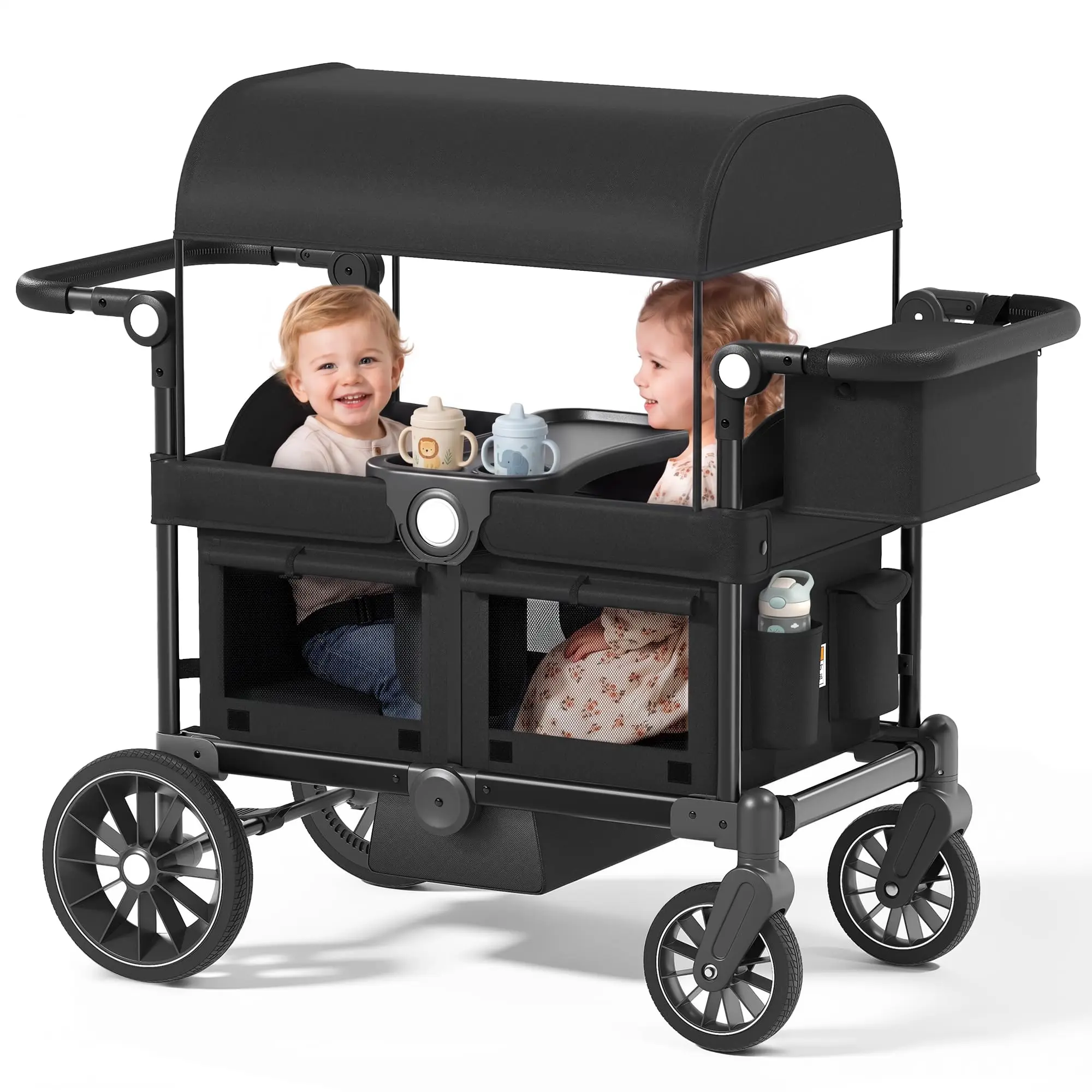 Folding Wagon Stroller for 2 Kids, Shock-Absorbing Wheel, Black