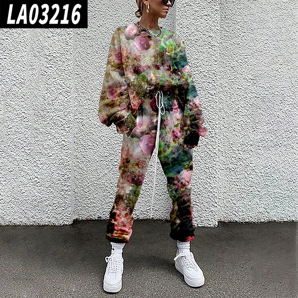 Tracksuit Long Sleeve Floral Print Pullover Women Casual Sports Set Sweatshirts Jogging Sweatpant