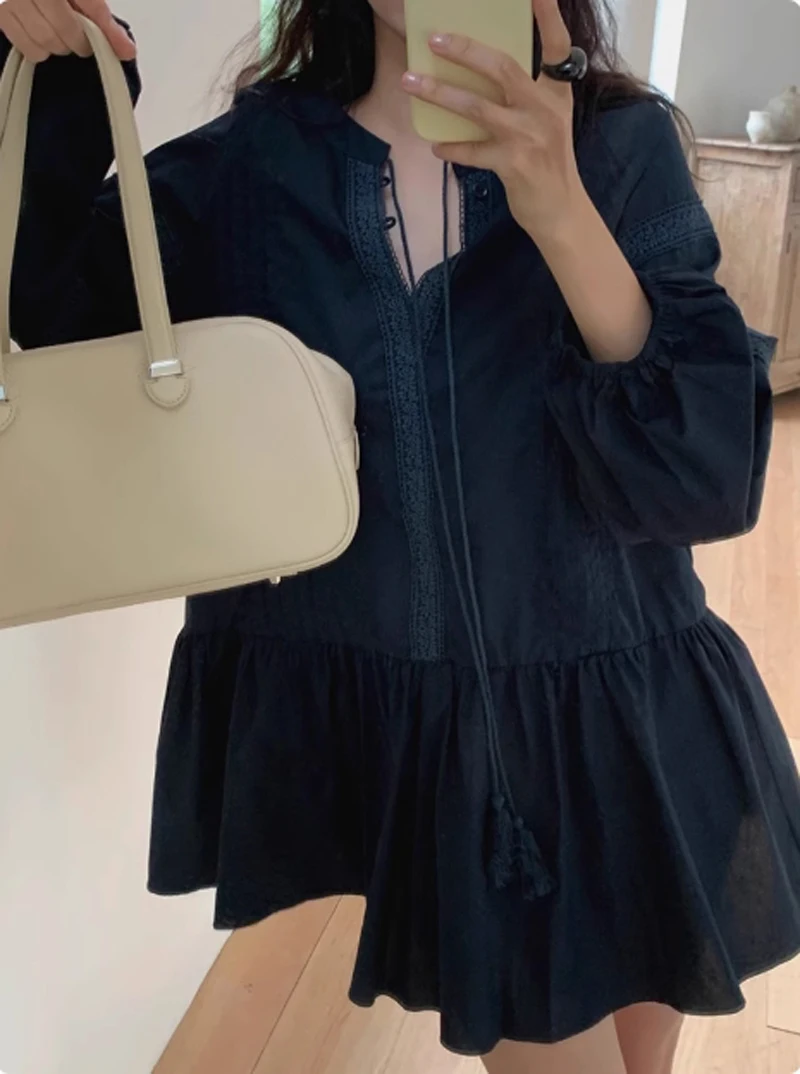 New Korea Chic Dresses Spring Retro National Stand Collar Splicing Lace Hook Flower Loose Ruffled Long-sleeved Dress Female