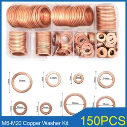 150PC Copper Washer Oil Seal Gasket M20 Flat Washer O-Ring Seal Assortment Kit with Box M6 M8 M10 M12 M14 M16 M18 for Sump Plugs