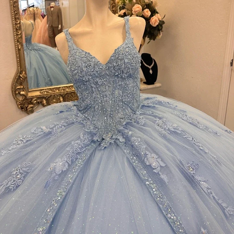 Light Blue Tulle Princess Quinceanera Dresses Appliques Lace Up Birthday Party Mexican Girls Vestidos De 15 años Ball Gowns