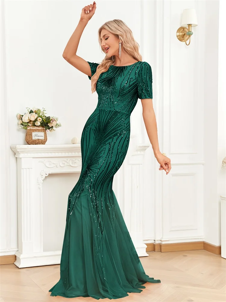 XUIBOL elegante maniche corte paillettes oro abito da sera formale donna 2024 lusso sirena damigella d'onore Maxi abiti da ballo