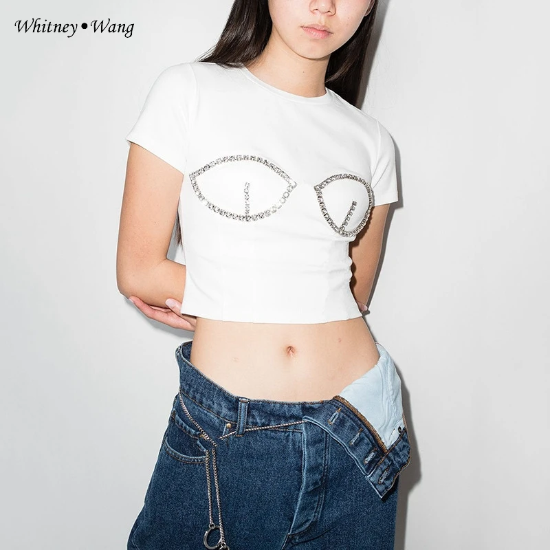 WHITNEY WANG Designer Style 2023 Summer Fashion Streetwear Diamonds Beading Chest High Waist Crop Tops Women T-Shirt Lady Tees