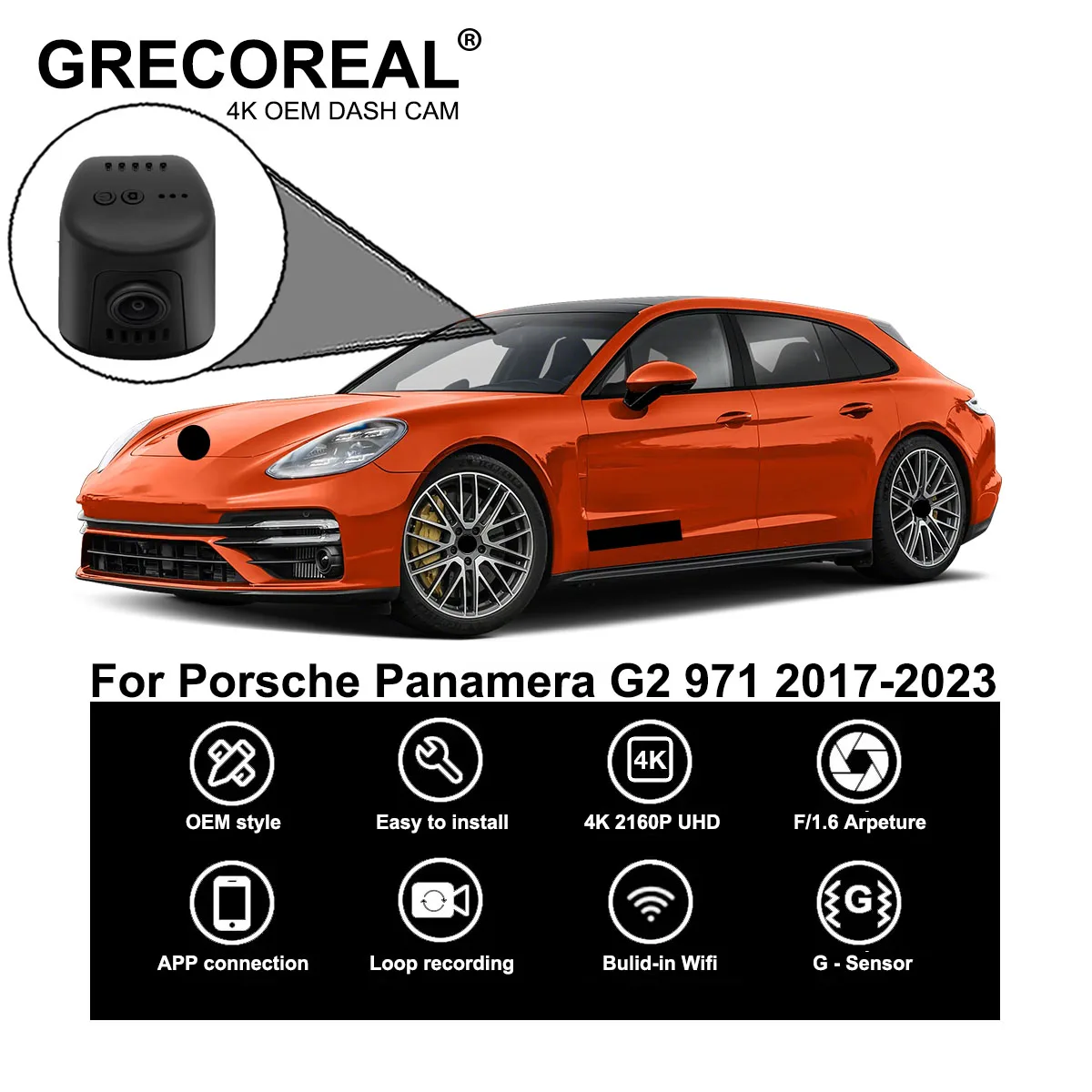 

GRECOREAL 4K Dash Cam Front Rear WiFi Car Dual Dashcam APP Control Plug Play Compatible with Porsche Panamera Chassis G2 971