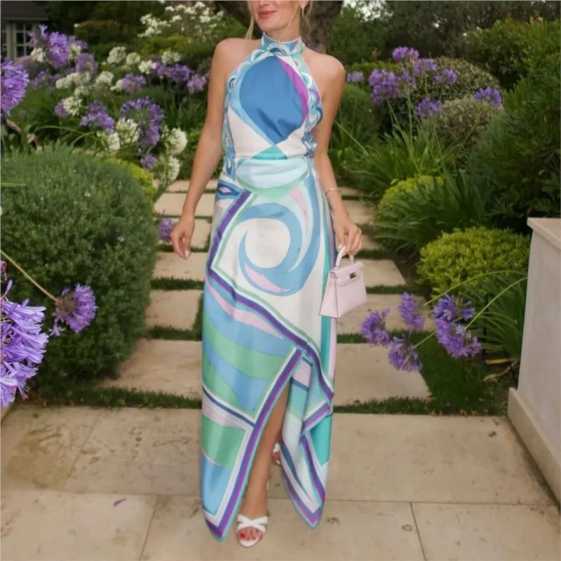 

Color Blocked Women's Half Skirt Two-piece Set Fashion Hanging Neck Top+irregular Hem Half Skirts Suit Ladies Vacation Outfit