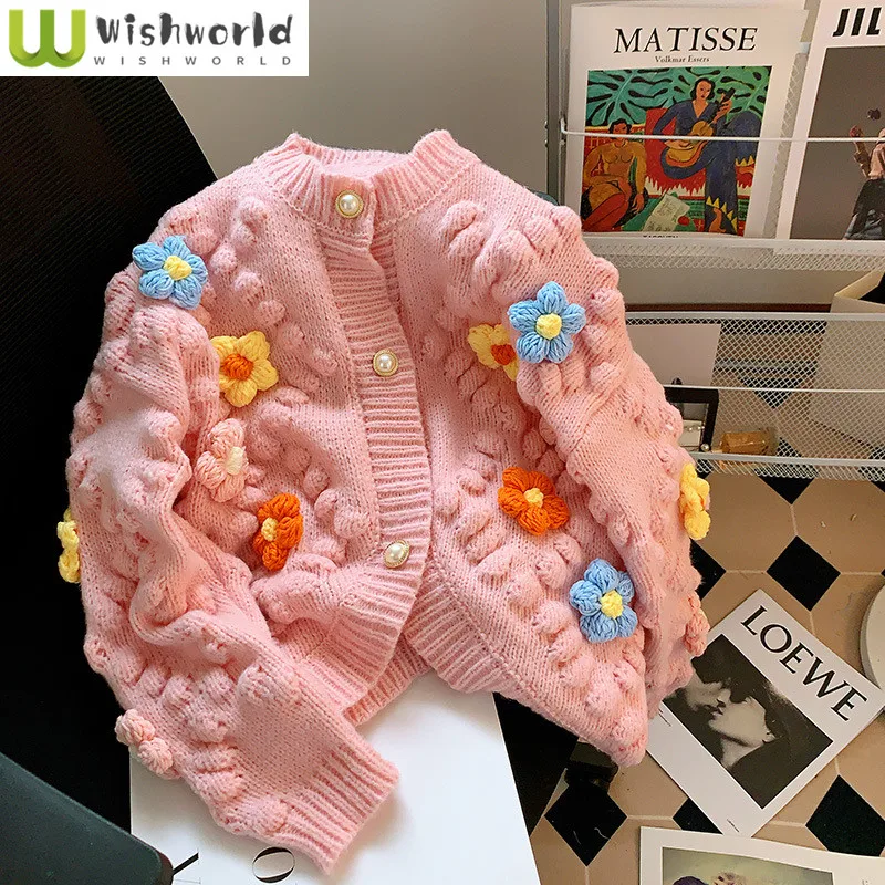 

New Autumn and Winter Handmade Crochet Knitted Cardigan Sweater Women's Three-dimensional Ball Ball Flower Embroidery Cardigan